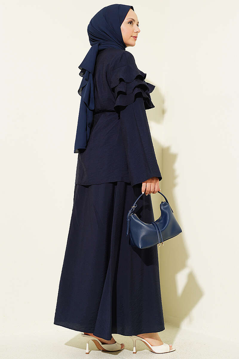 Two-Piece Skirt Set with Ruffle Collar - Navy