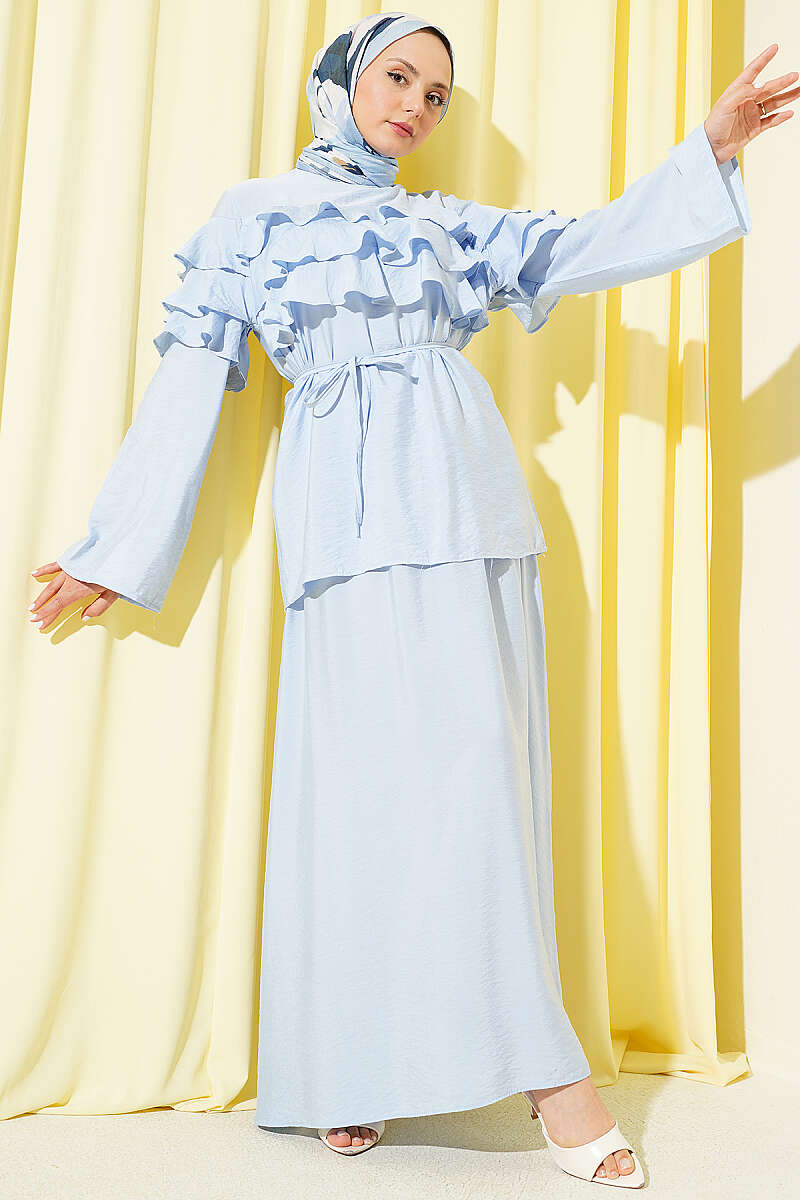 Two-Piece Skirt Set with Ruffle Collar - Blue