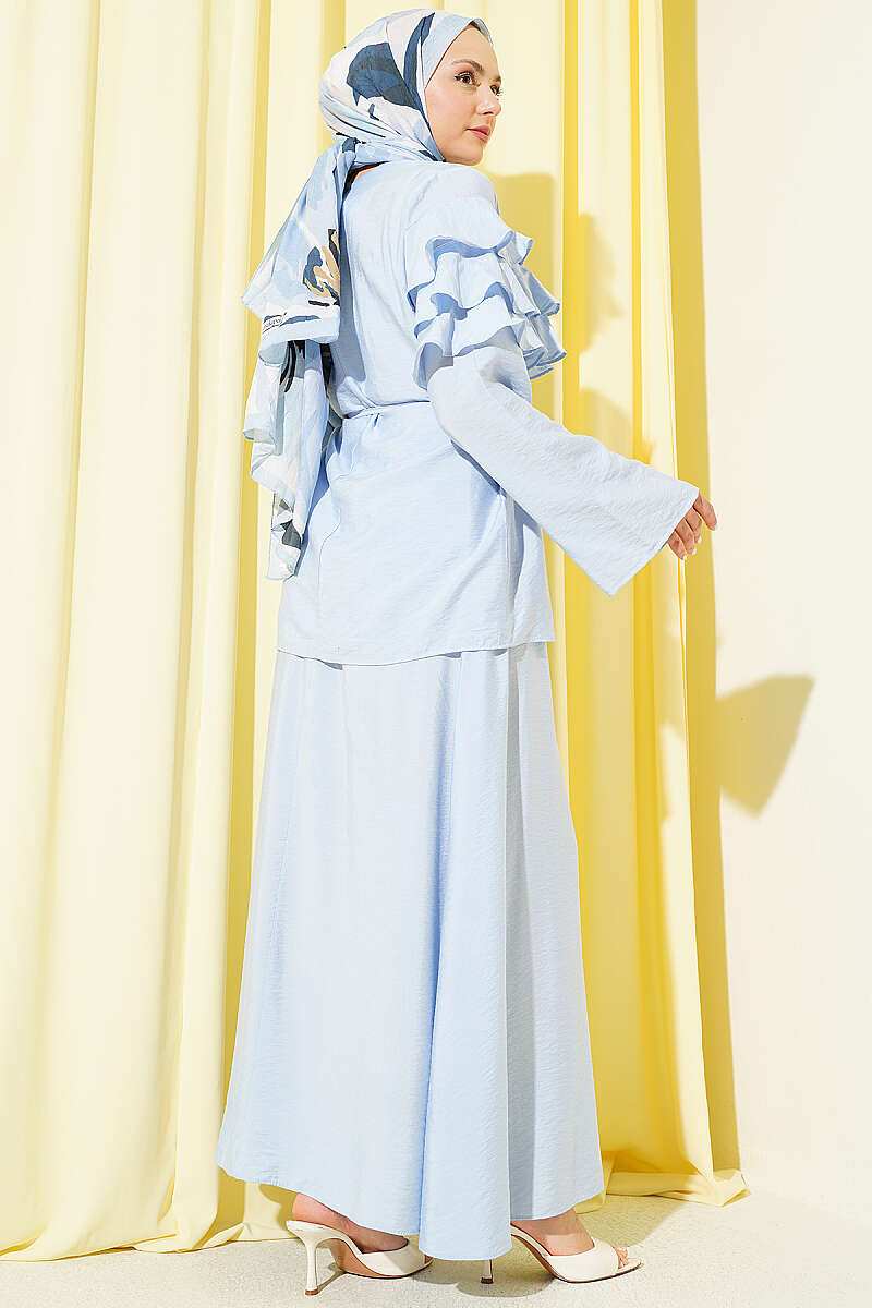 Two-Piece Skirt Set with Ruffle Collar - Blue