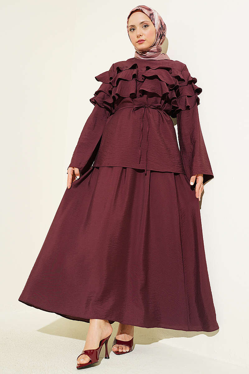 Two-Piece Skirt Set with Ruffle Collar - Plum
