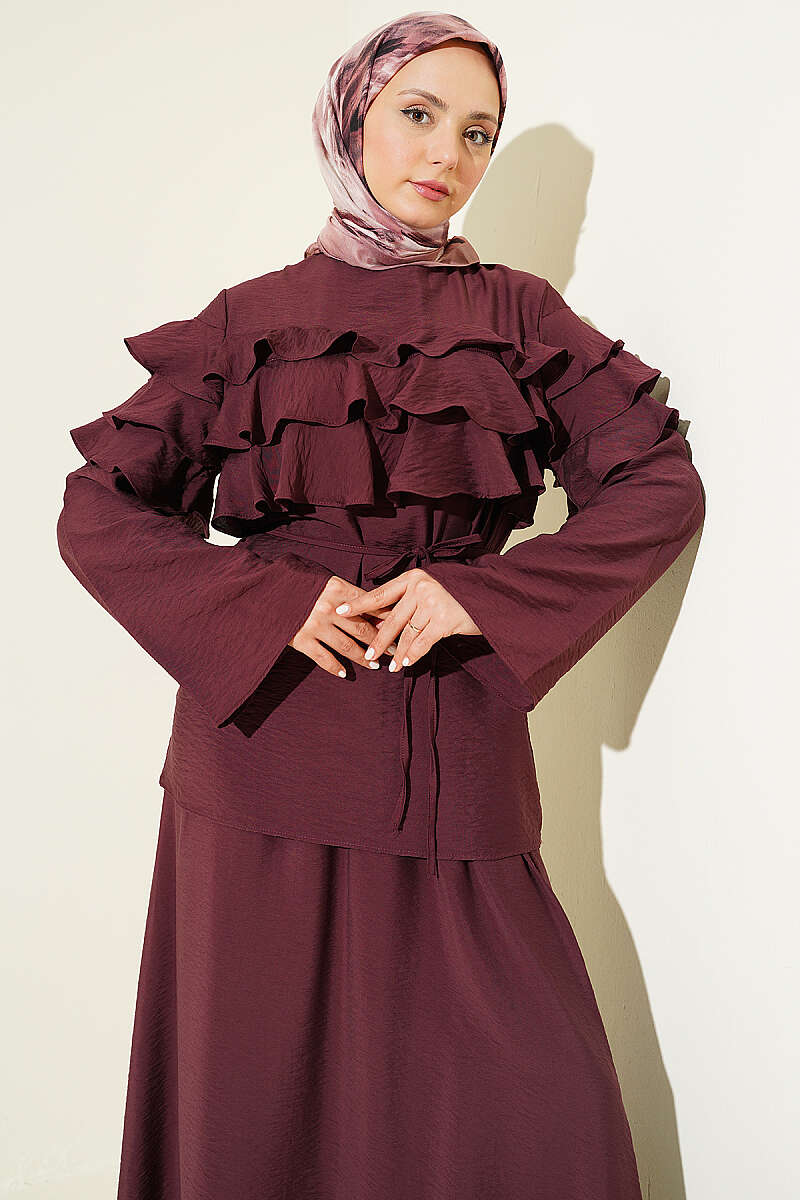 Two-Piece Skirt Set with Ruffle Collar - Plum