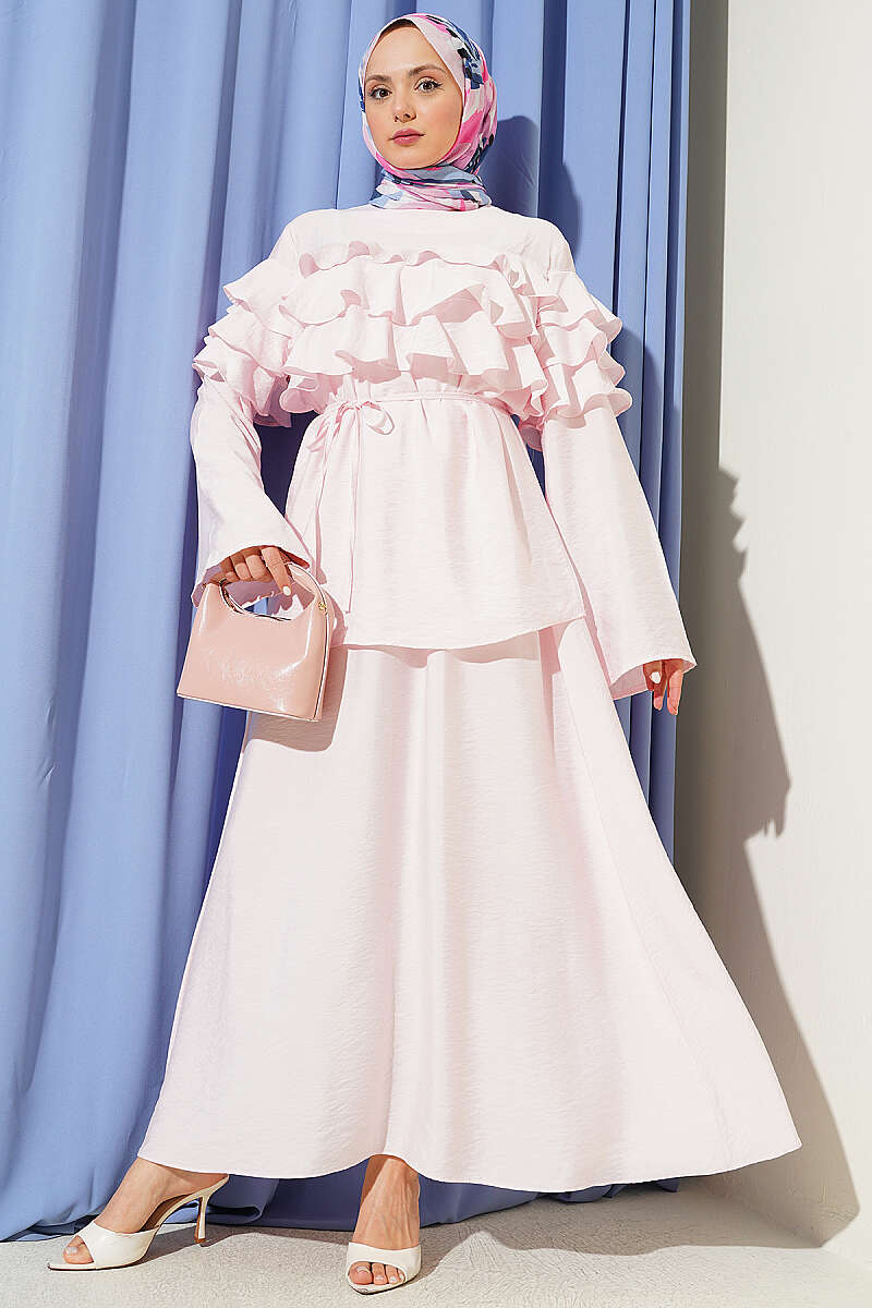 Two-Piece Skirt Set with Ruffle Collar - Pink