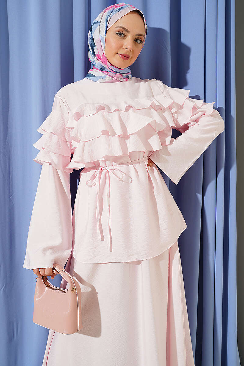 Two-Piece Skirt Set with Ruffle Collar - Pink