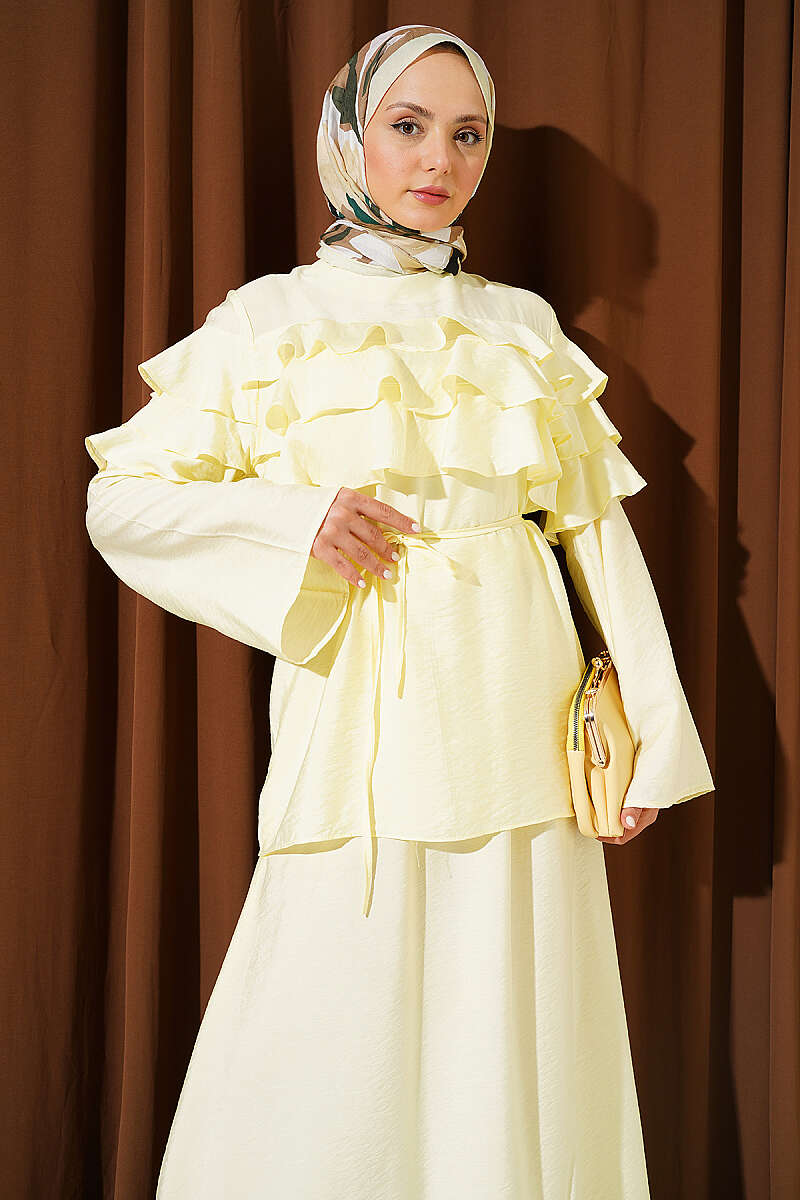 Two-Piece Skirt Set with Ruffle Collar - Yellow