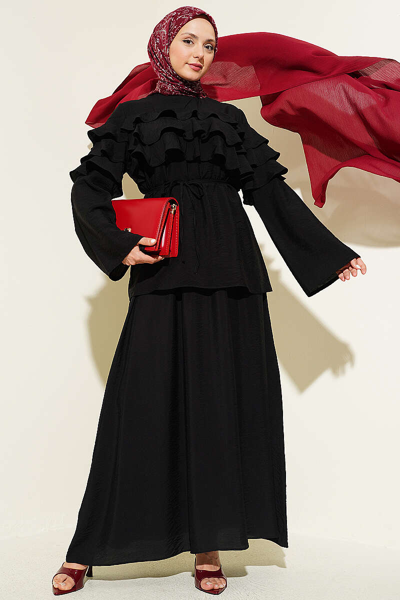 Two-Piece Skirt Set with Ruffle Collar - Black