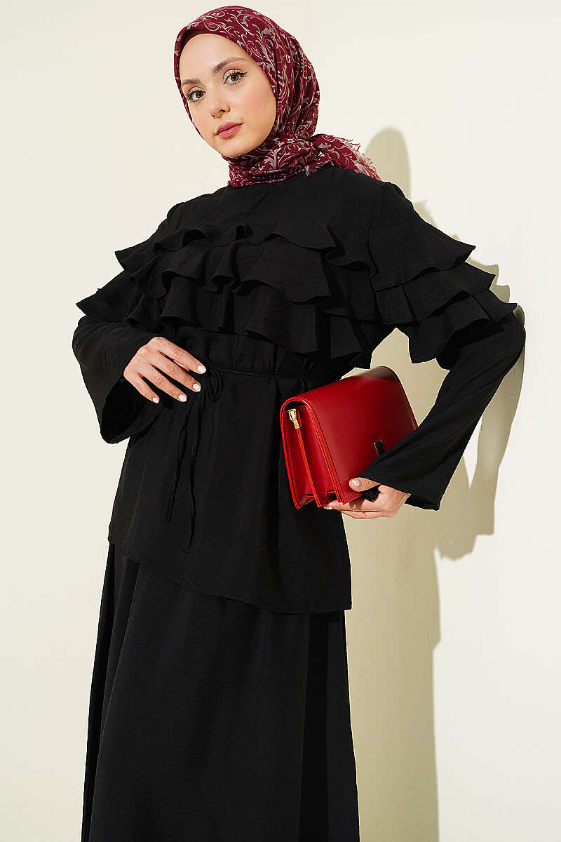 Two-Piece Skirt Set with Ruffle Collar - Black