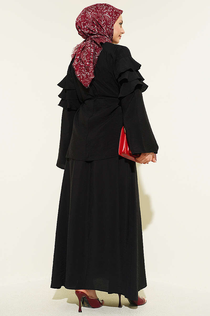 Two-Piece Skirt Set with Ruffle Collar - Black