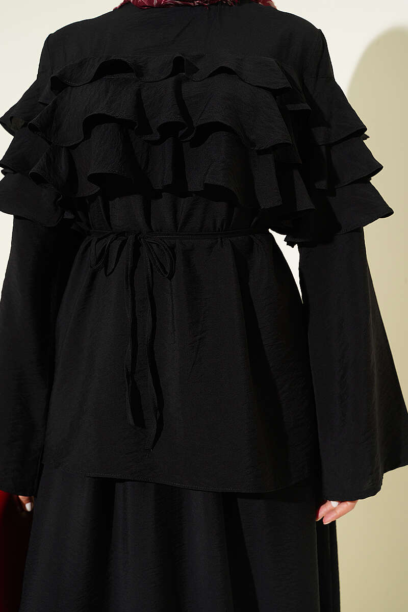 Two-Piece Skirt Set with Ruffle Collar - Black