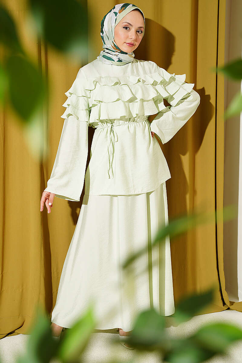 Two-Piece Skirt Set with Ruffle Collar - Aqua Green