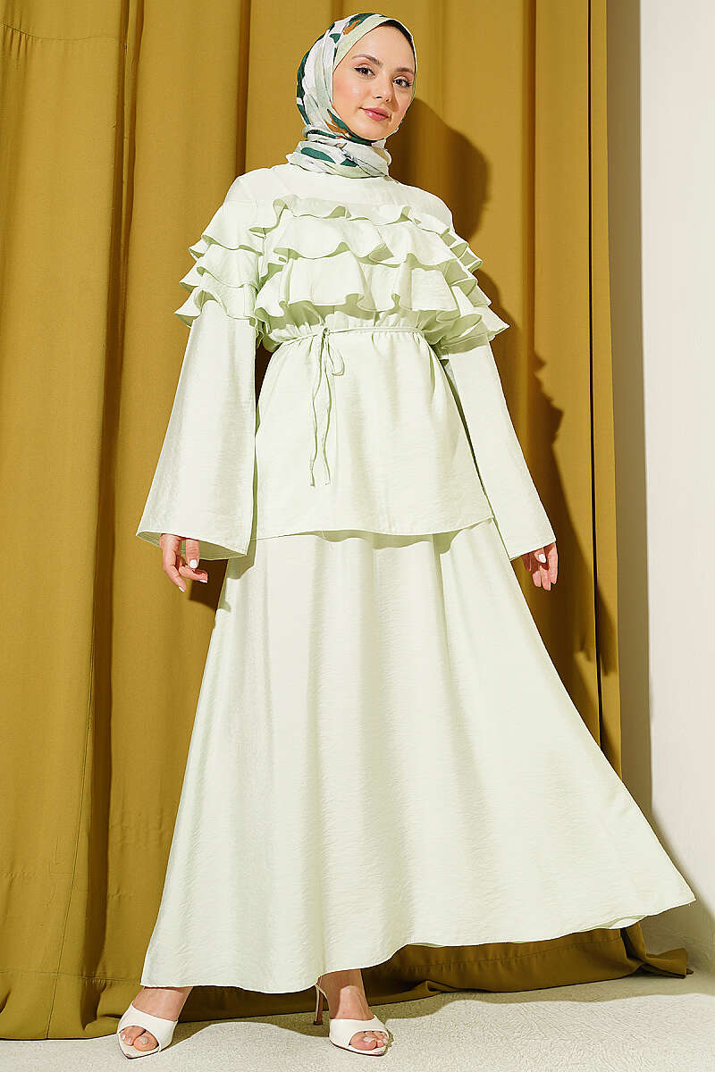 Two-Piece Skirt Set with Ruffle Collar - Aqua Green