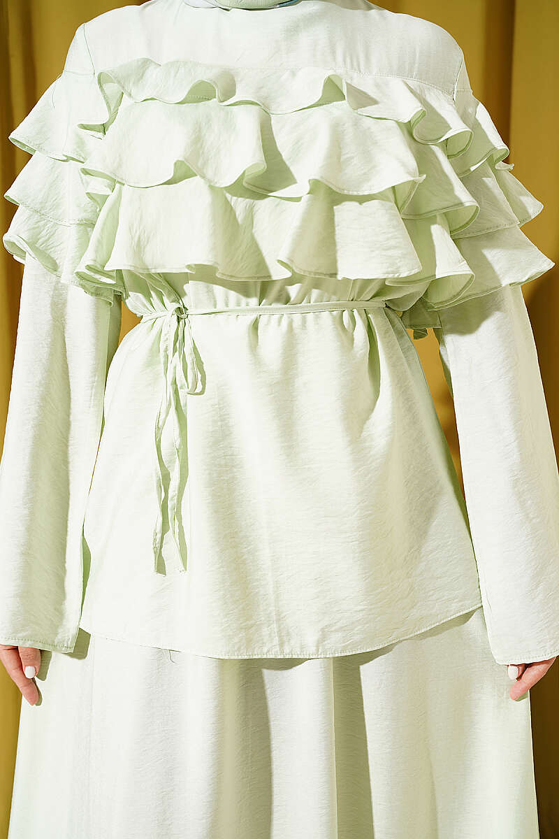 Two-Piece Skirt Set with Ruffle Collar - Aqua Green