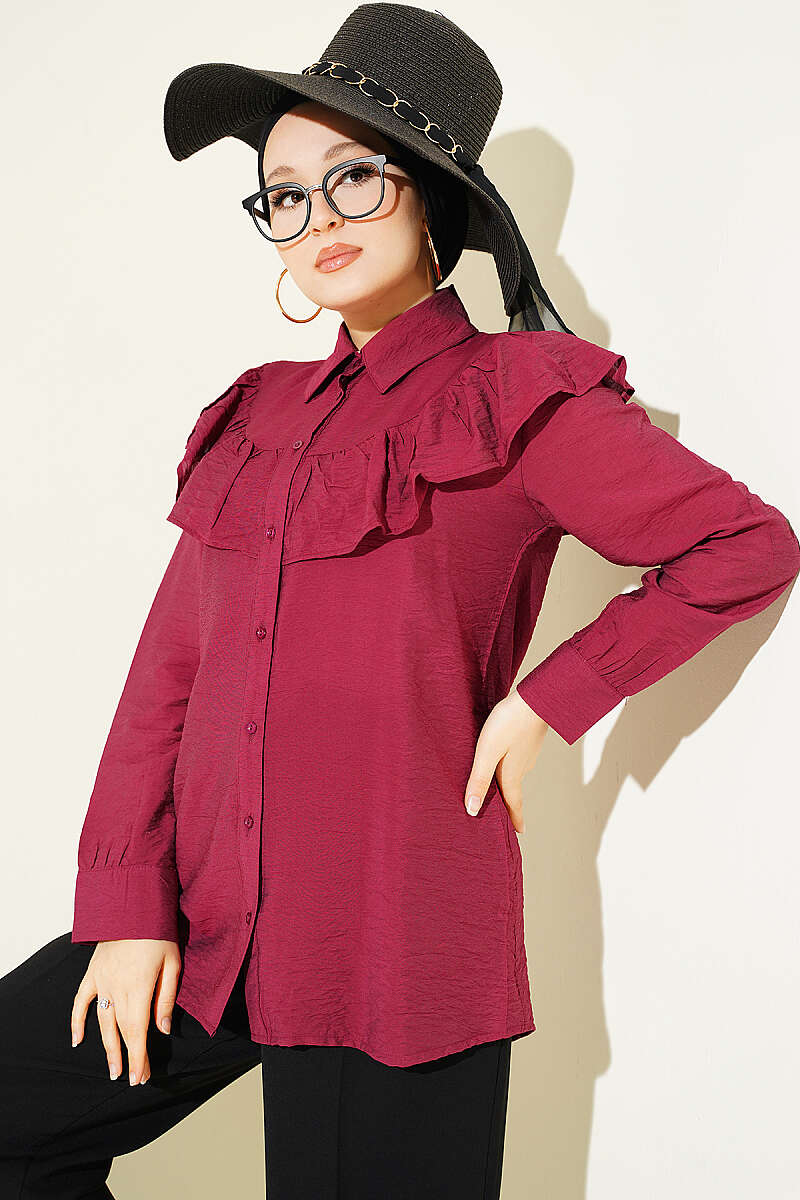 Ruffled-Collar Shirt with Buttoned Cuffs - Burgundy