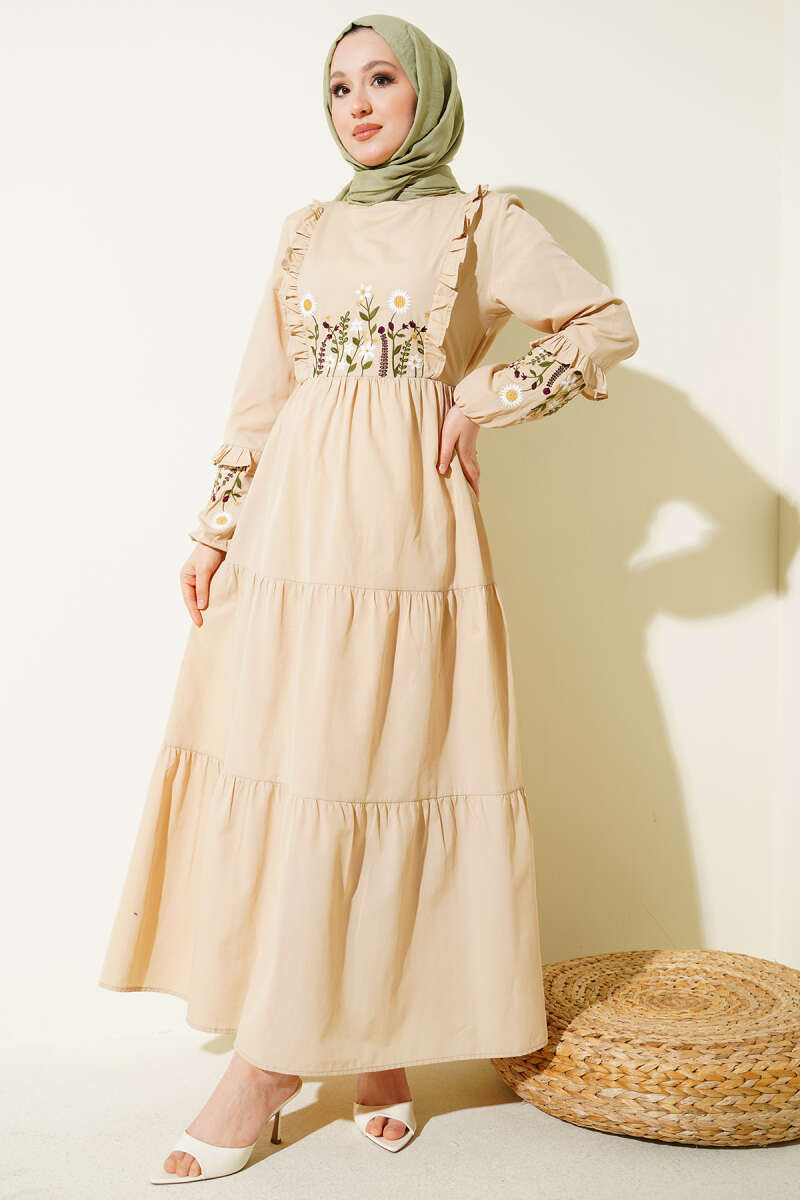 Embroidered Poplin Dress with Ruffled Collar - Beige