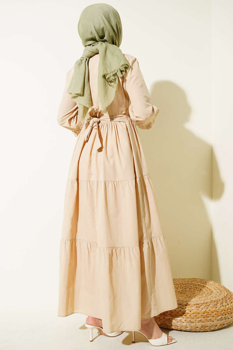 Embroidered Poplin Dress with Ruffled Collar - Beige