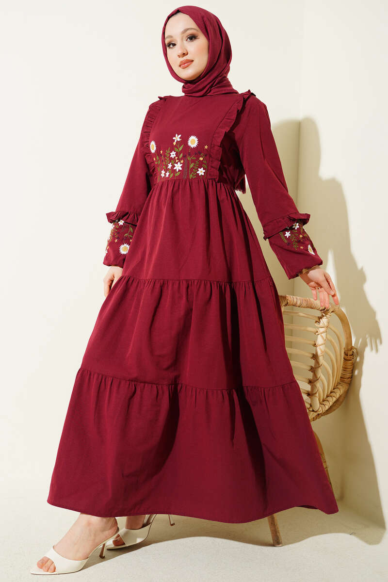 Embroidered Poplin Dress with Ruffled Collar - Burgundy