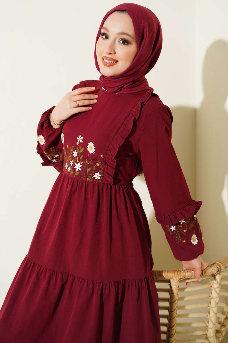 Embroidered Poplin Dress with Ruffled Collar - Burgundy