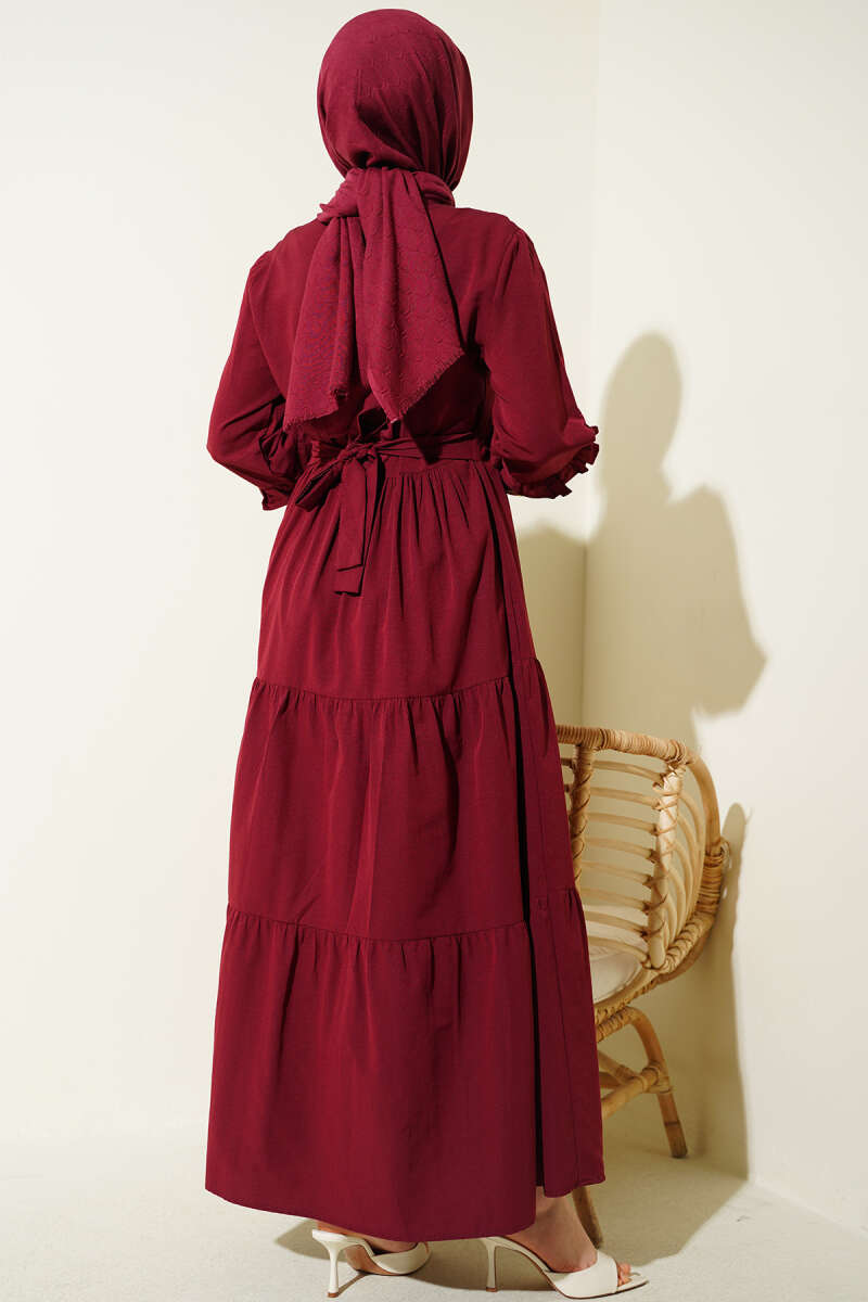 Embroidered Poplin Dress with Ruffled Collar - Burgundy