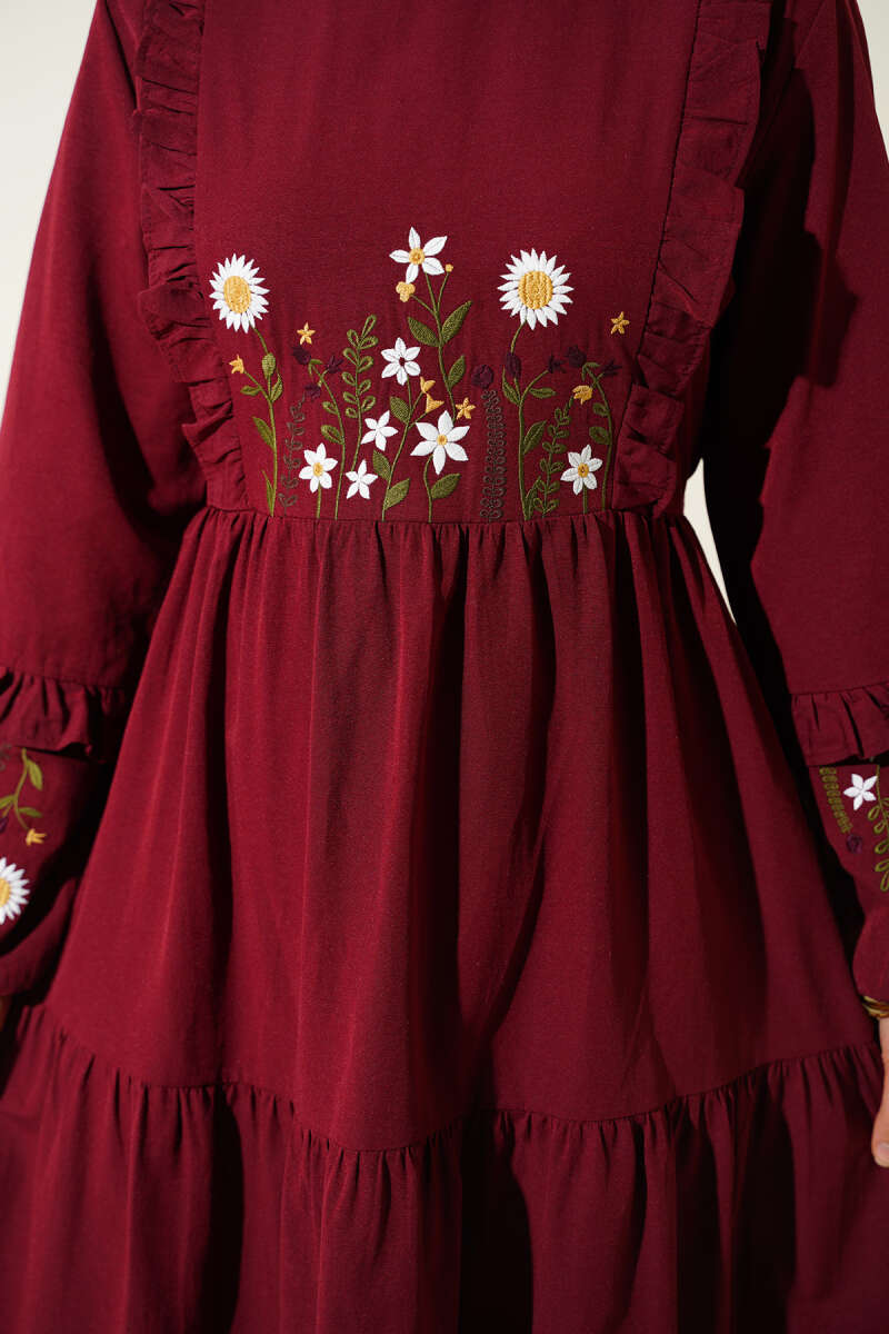 Embroidered Poplin Dress with Ruffled Collar - Burgundy