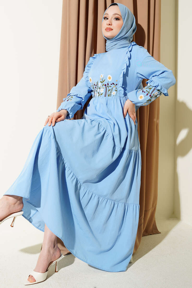 Embroidered Poplin Dress with Ruffled Collar - Ice Blue