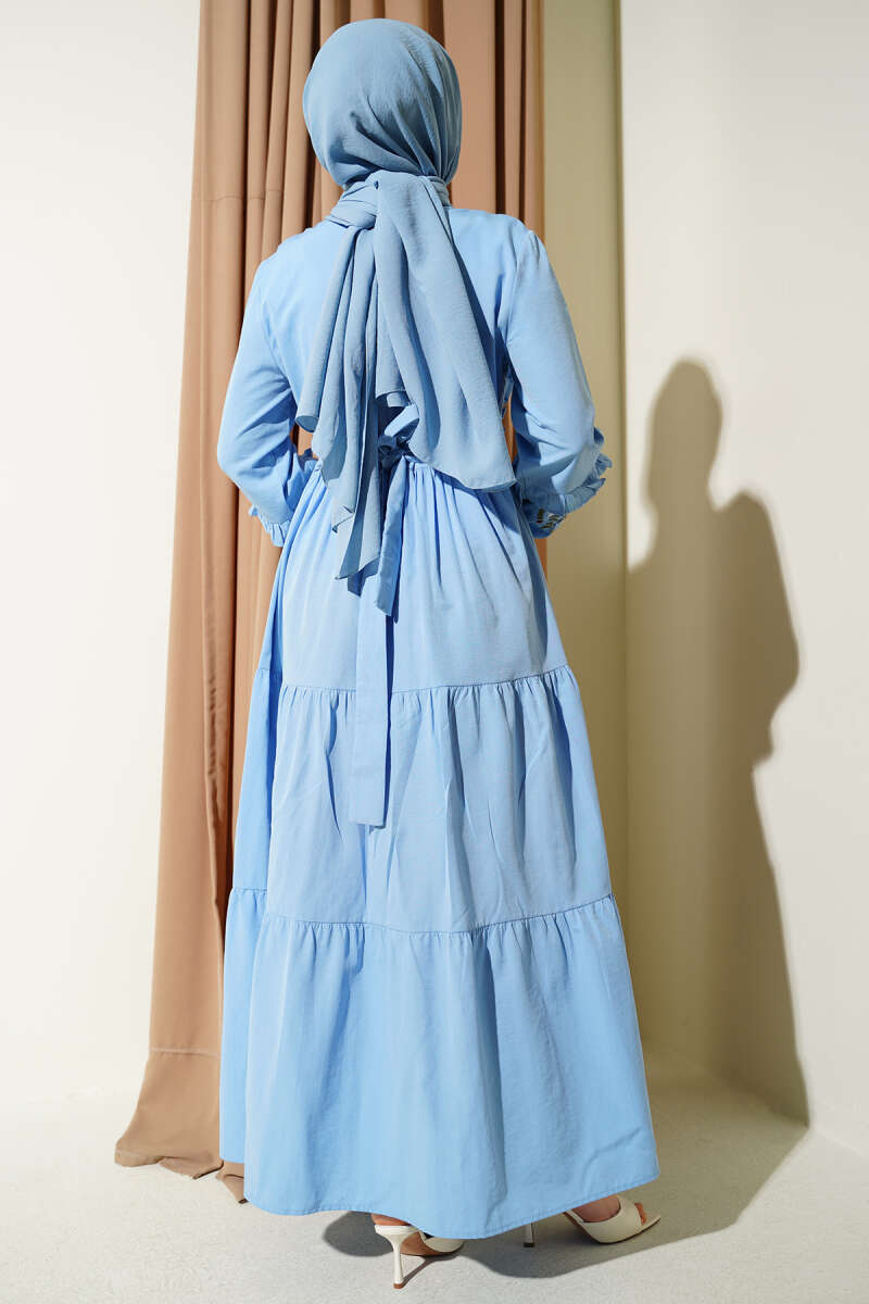 Embroidered Poplin Dress with Ruffled Collar - Ice Blue