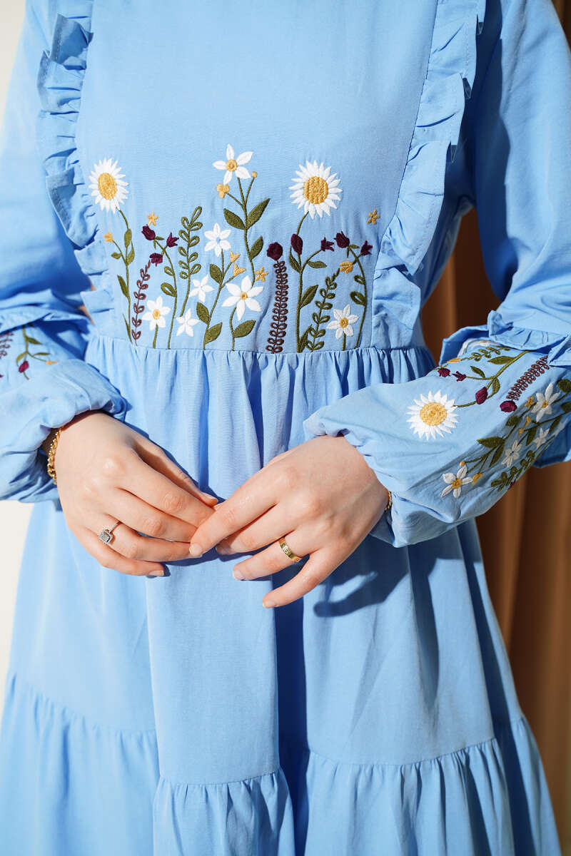 Embroidered Poplin Dress with Ruffled Collar - Ice Blue