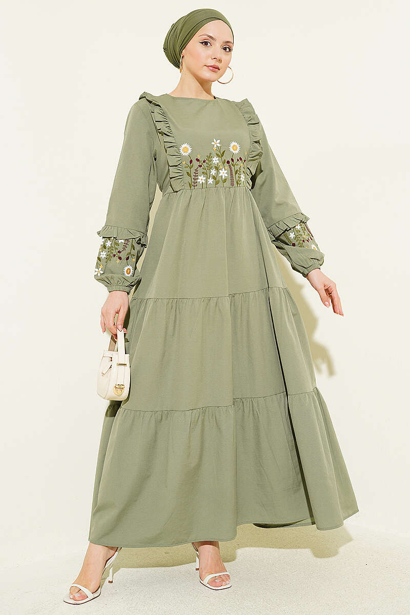 Embroidered Poplin Dress with Ruffled Collar - Khaki
