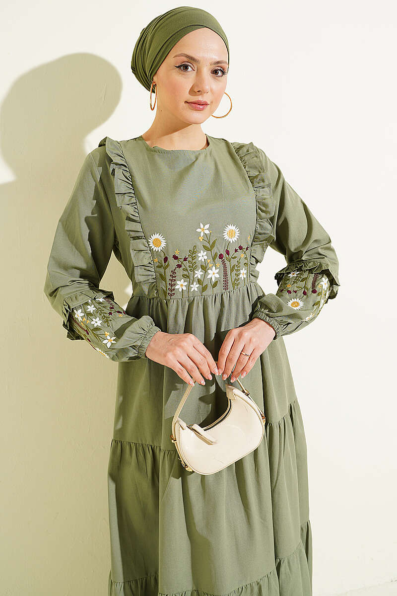 Embroidered Poplin Dress with Ruffled Collar - Khaki