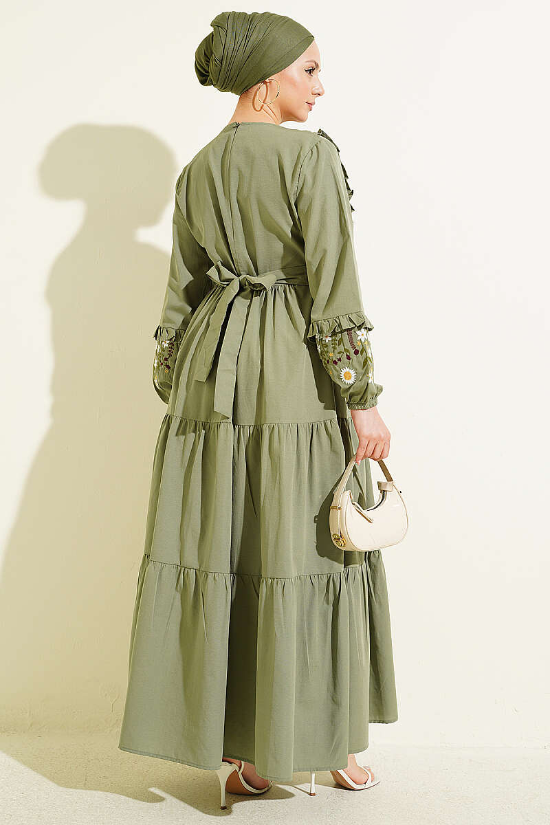 Embroidered Poplin Dress with Ruffled Collar - Khaki