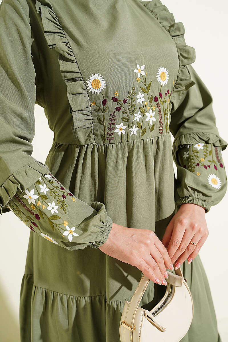 Embroidered Poplin Dress with Ruffled Collar - Khaki