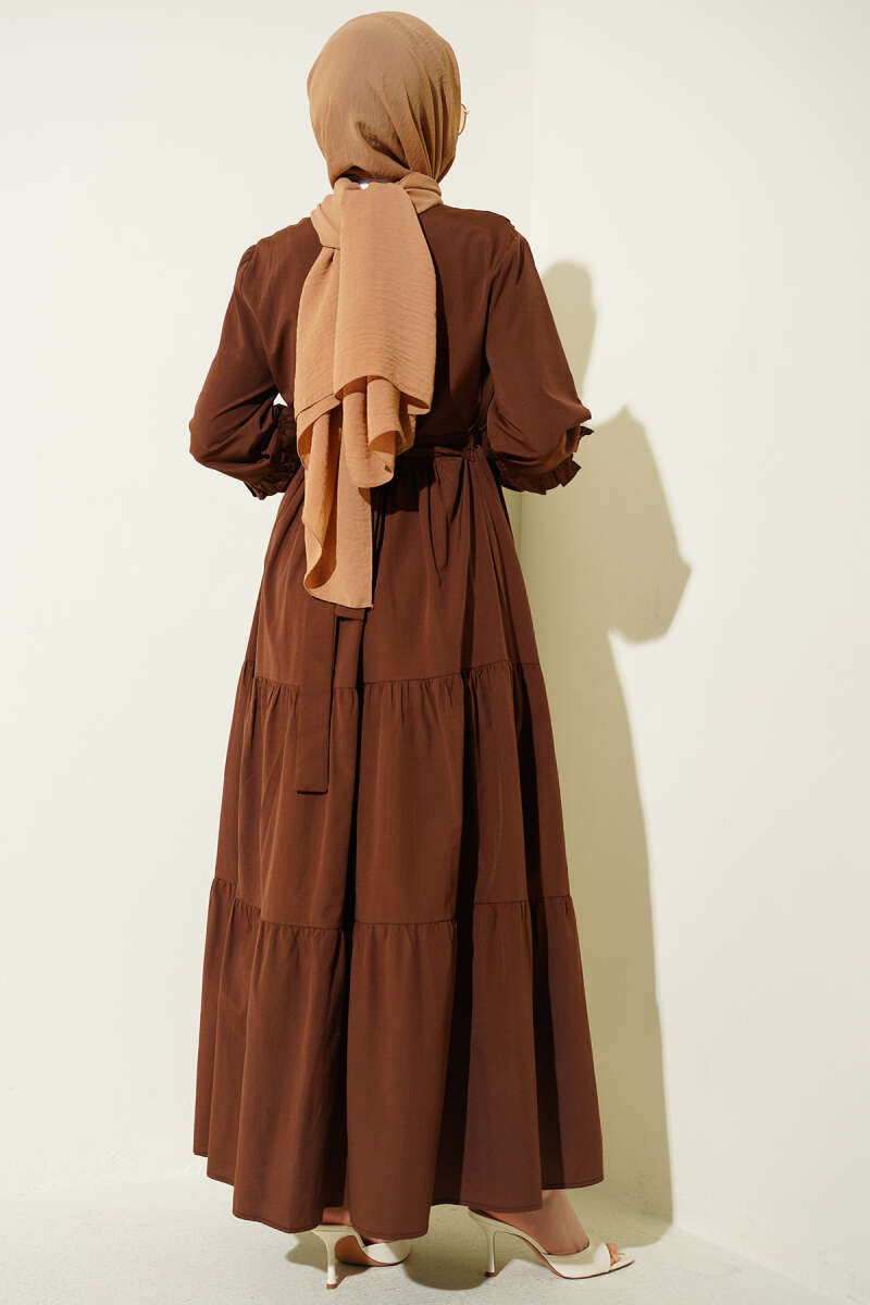 Embroidered Poplin Dress with Ruffled Collar - Brown