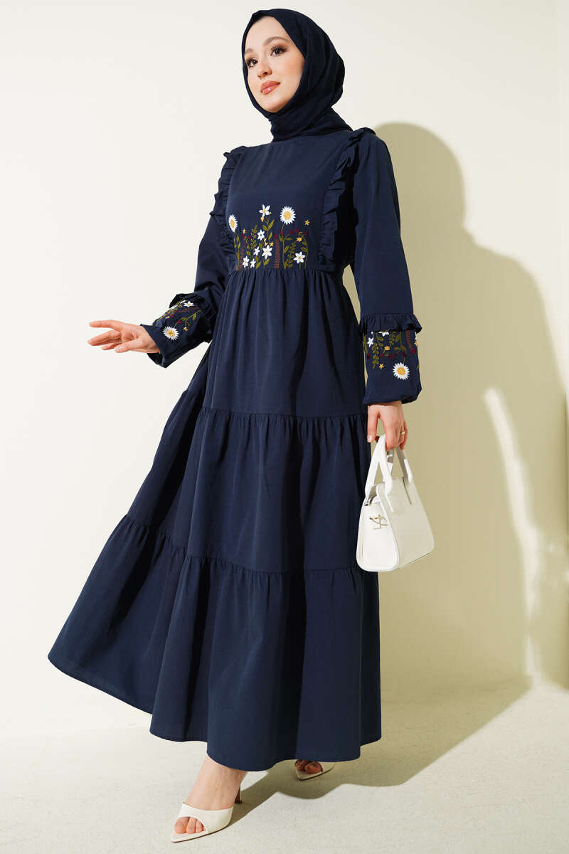 Embroidered Poplin Dress with Ruffled Collar - Navy