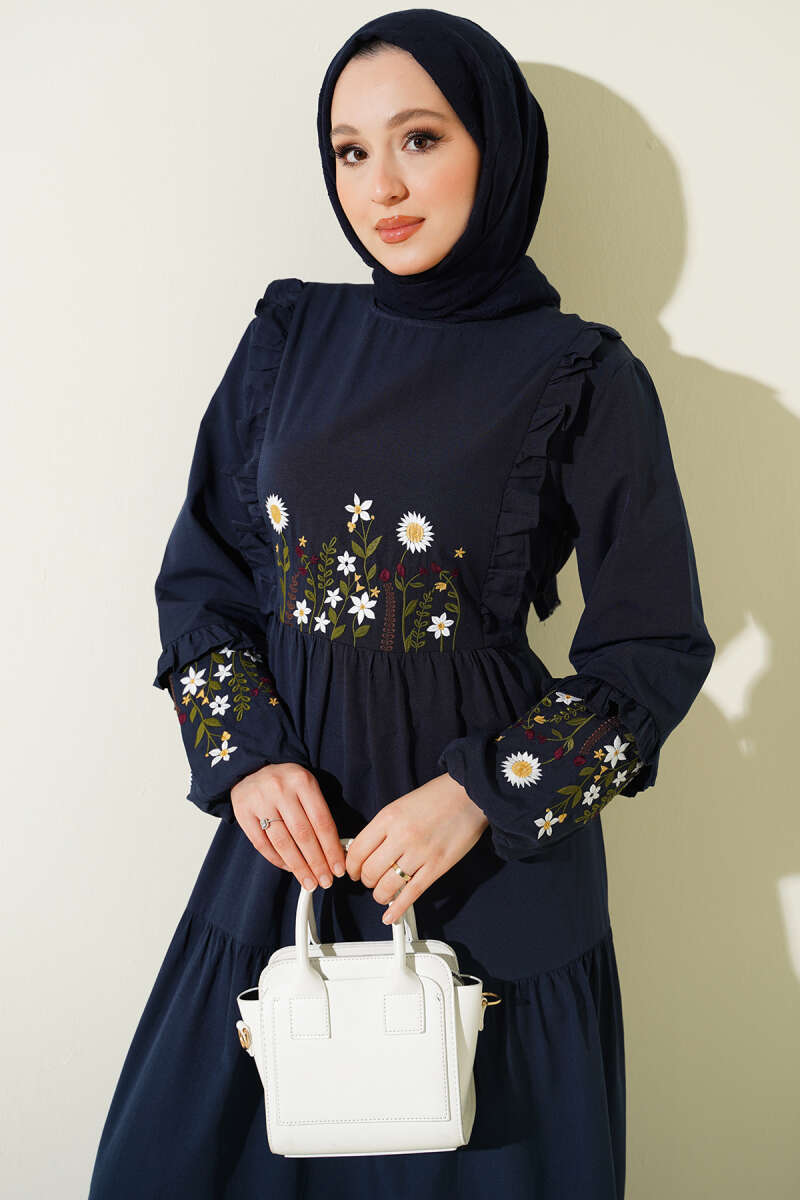 Embroidered Poplin Dress with Ruffled Collar - Navy