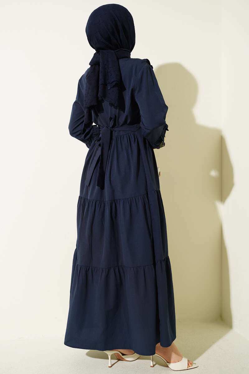 Embroidered Poplin Dress with Ruffled Collar - Navy