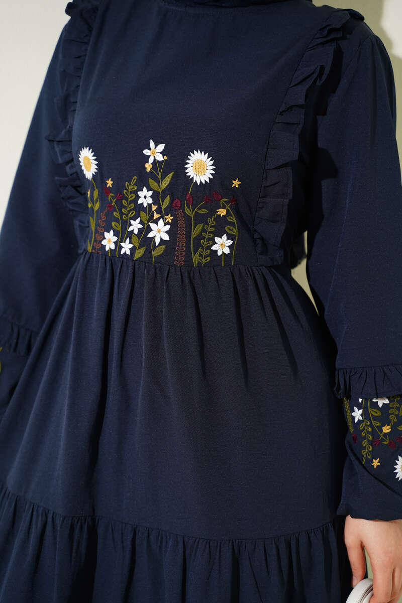 Embroidered Poplin Dress with Ruffled Collar - Navy