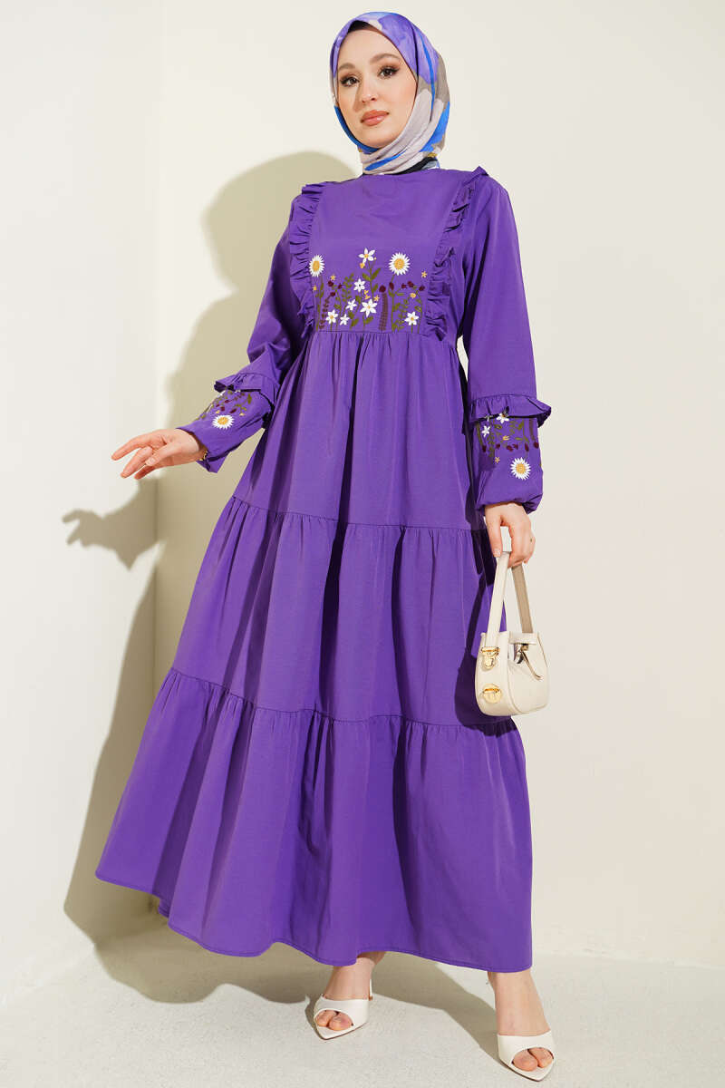 Embroidered Poplin Dress with Ruffled Collar - Purple