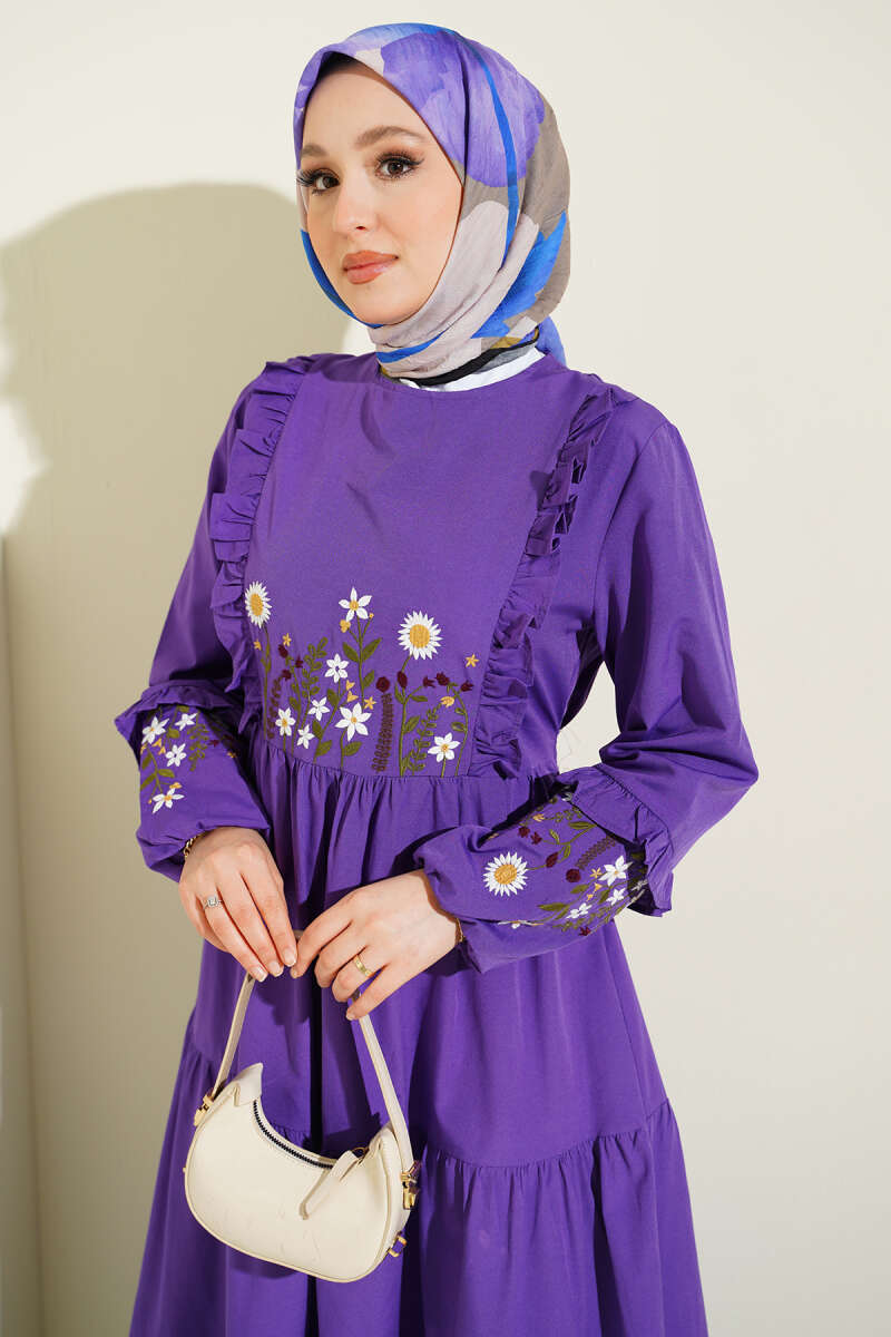 Embroidered Poplin Dress with Ruffled Collar - Purple