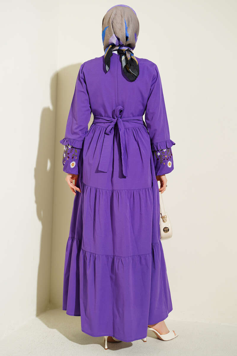 Embroidered Poplin Dress with Ruffled Collar - Purple
