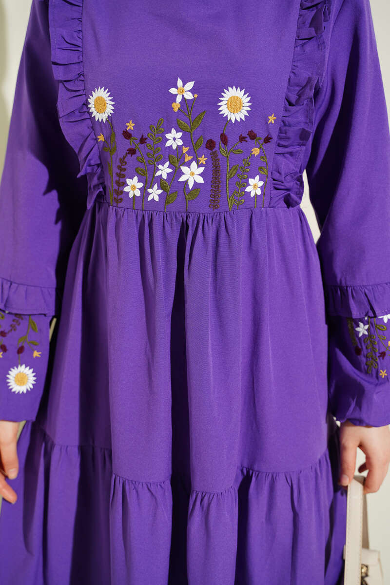 Embroidered Poplin Dress with Ruffled Collar - Purple