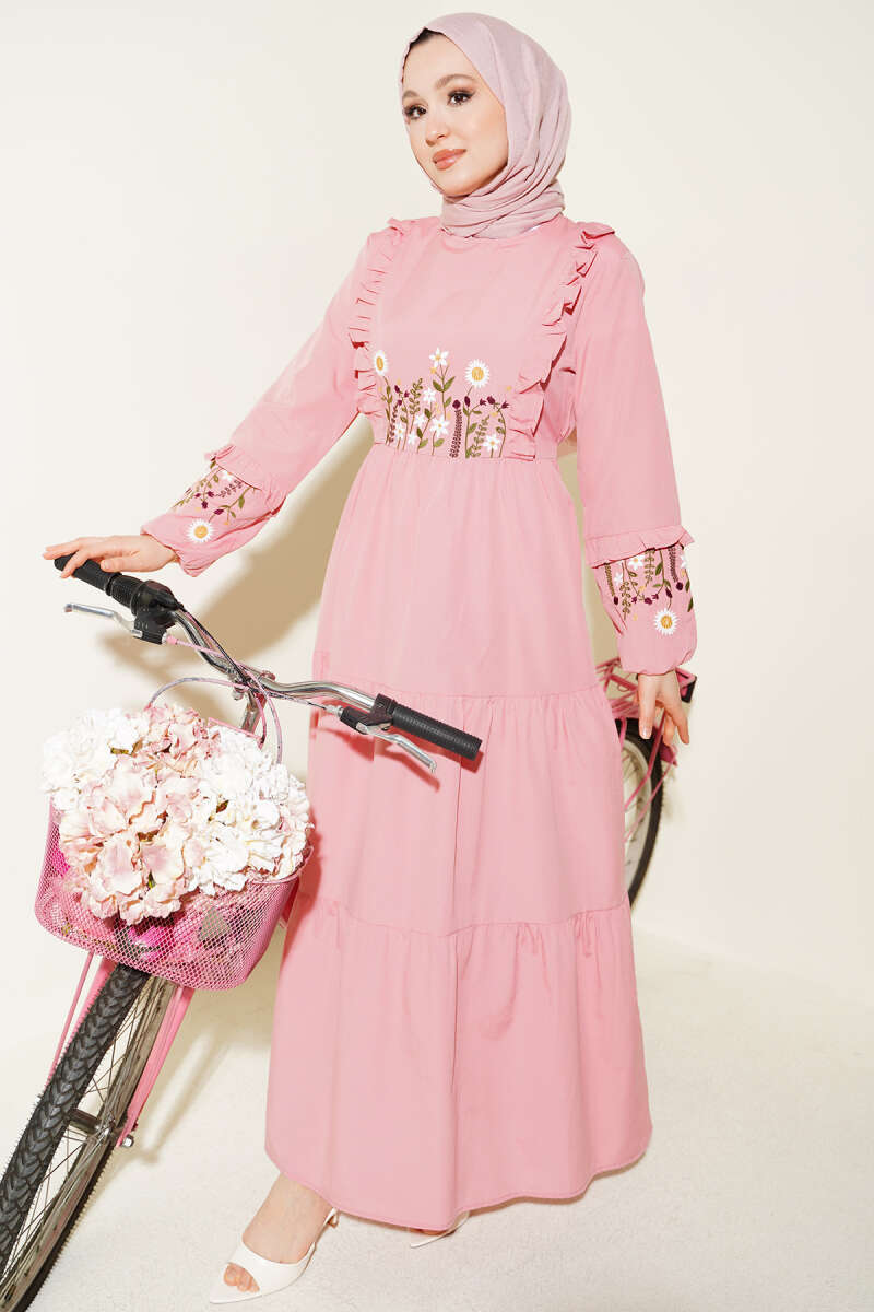 Embroidered Poplin Dress with Ruffled Collar - Powder