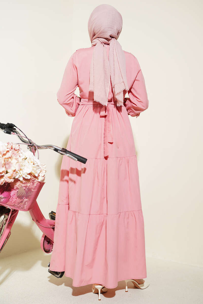 Embroidered Poplin Dress with Ruffled Collar - Powder