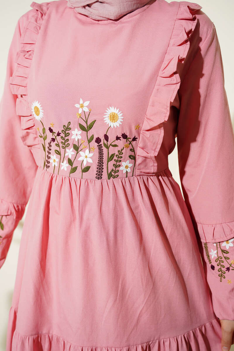 Embroidered Poplin Dress with Ruffled Collar - Powder