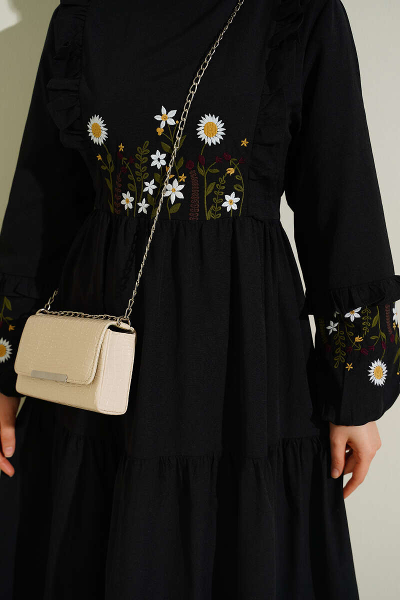 Embroidered Poplin Dress with Ruffled Collar - Black