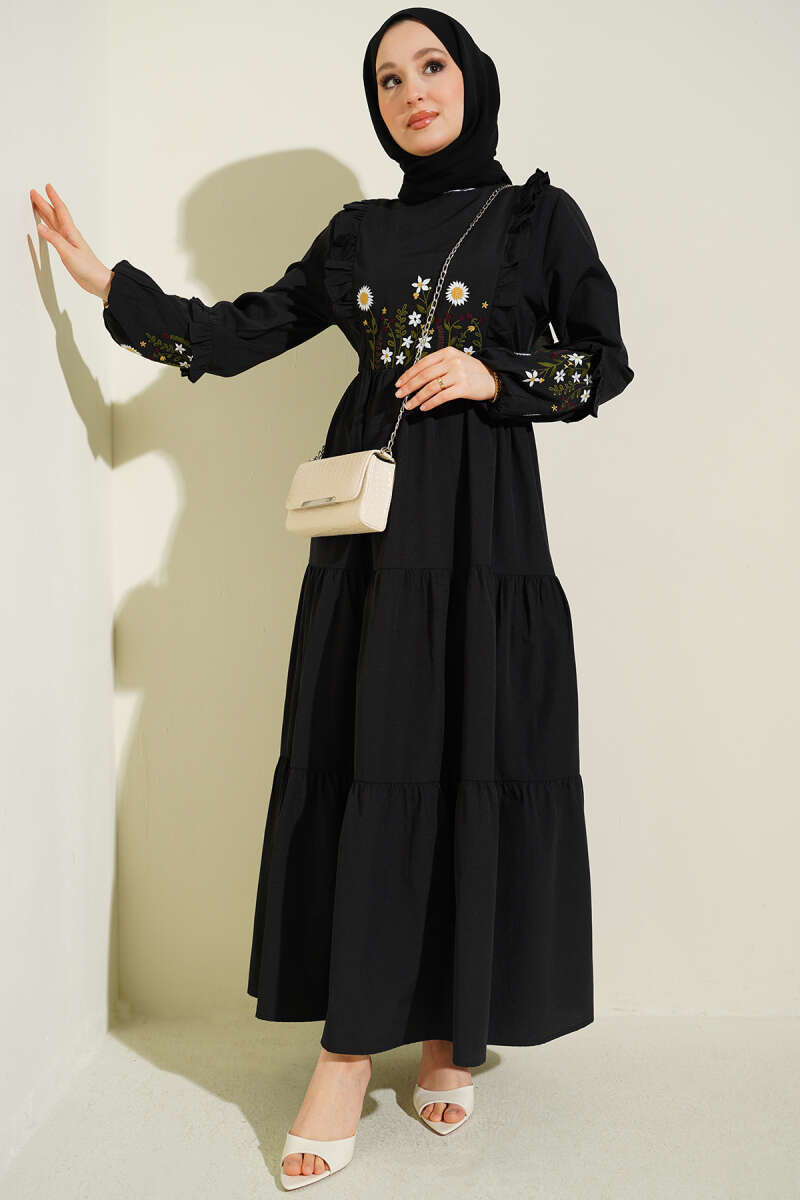 Embroidered Poplin Dress with Ruffled Collar - Black