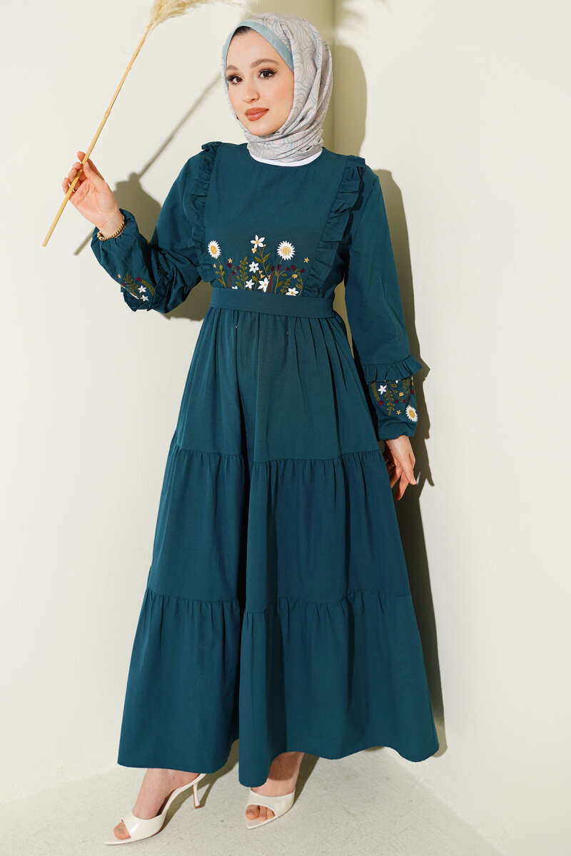 Embroidered Poplin Dress with Ruffled Collar - Emerald
