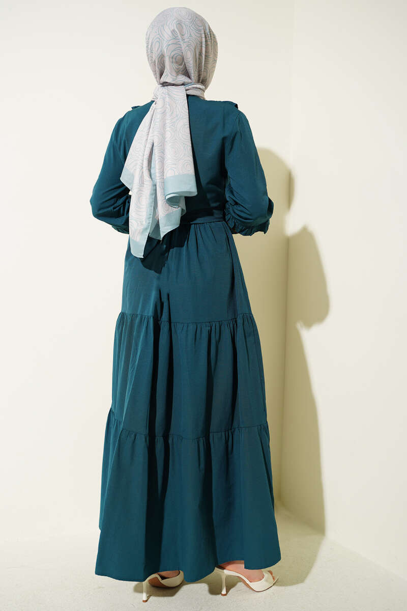 Embroidered Poplin Dress with Ruffled Collar - Emerald