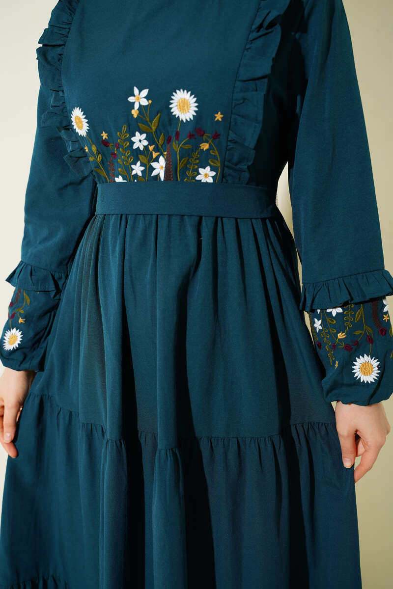 Embroidered Poplin Dress with Ruffled Collar - Emerald