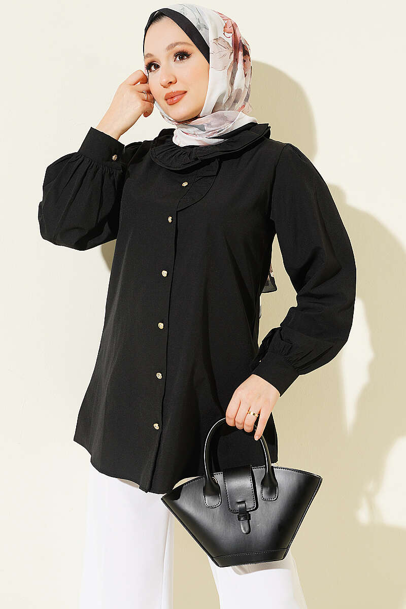 Ruffled-Collar Shirt with Jewelled Buttons - Black
