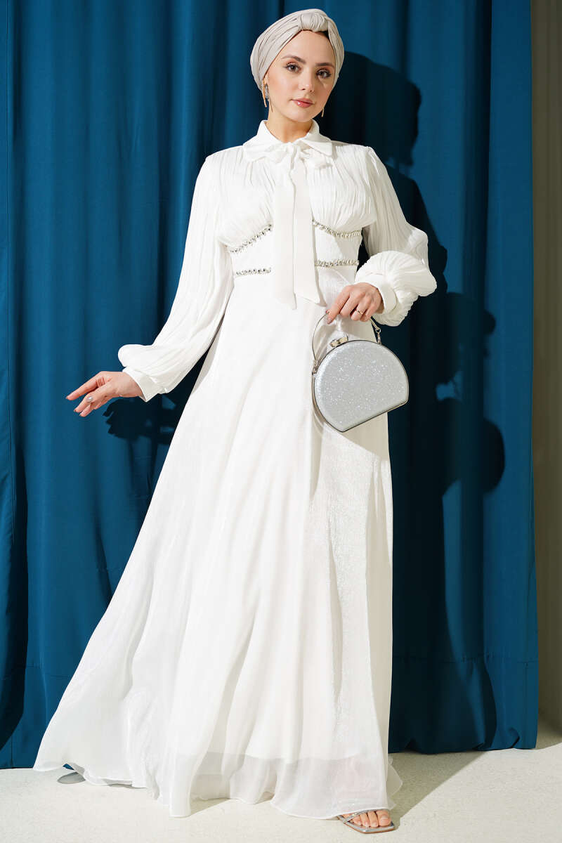 Evening Dress with Bow Collar and Stones - White