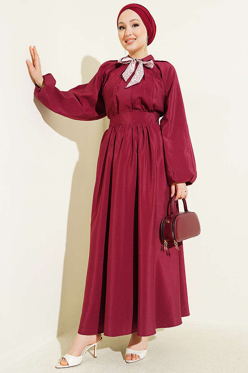 Pleated Skirt Set with Scarf Collar - Burgundy