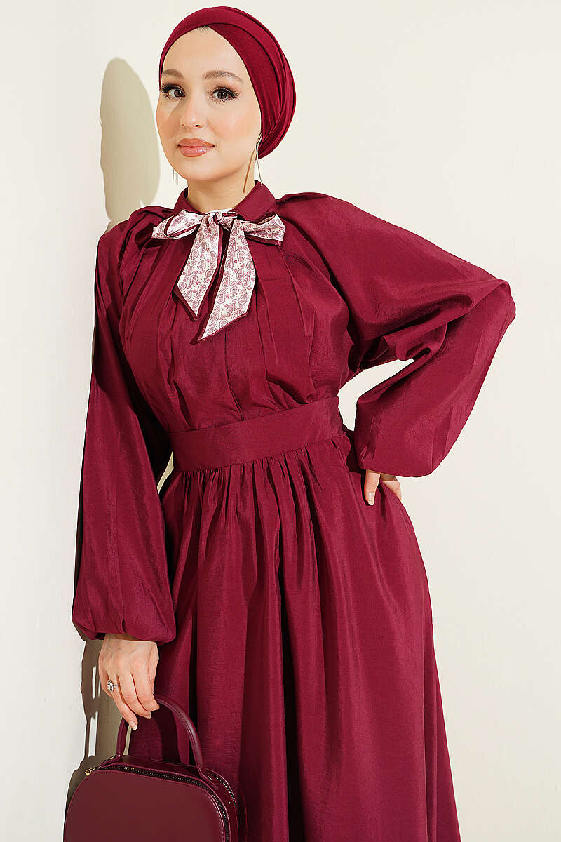 Pleated Skirt Set with Scarf Collar - Burgundy